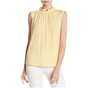 Adrianna Papell Ruffled Short Sleeve Mock Neck Blouse Large Floral Print Yellow